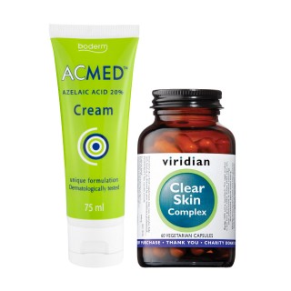 Ādas problēmu glābēji: uztura bagātinātājs Clear Skin Complex un ACMED™ krēms ar 20 % azelaīnskābes.