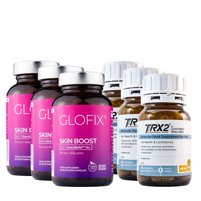 Komplekts jūsu ādai un jūsu drauga matiem: uztura bagātinātājs GLOFIX® (3 mēnešu kurss) un uztura bagātinātājs TRX2® (3 mēnešu k