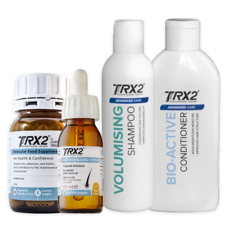 MAX matu kopšanas komplekts: TRX2 matu papildinājums, losjons saknēm, šampūns un kondicionieris.
