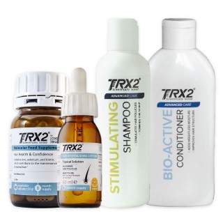 MAX matu kopšanas komplekts: TRX2 matu papildinājums, losjons saknēm, šampūns un kondicionieris.