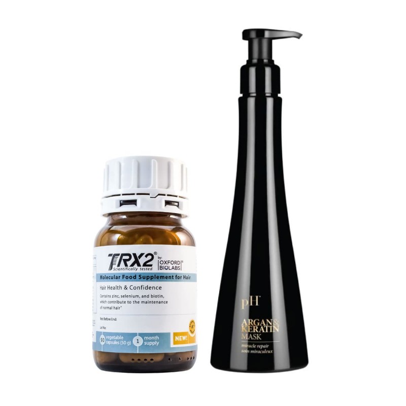 Veselīgu un spīdīgu matu komplekts: matu uztura bagātinātājs TRX2® un dziļi barojoša un atjaunojoša matu maska Argan & Keratin.